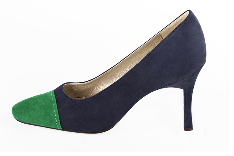 Emerald green and navy blue women's dress pumps, with a round neckline. Round toe. Very high slim heel. Profile view - Florence KOOIJMAN